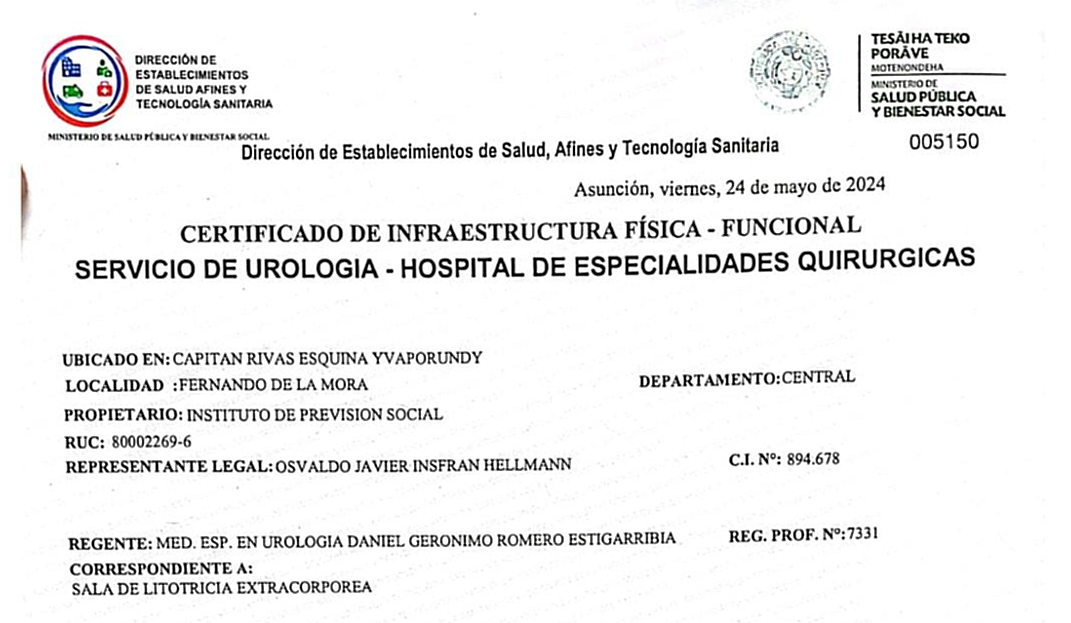 Sala de Litotricia del Servicio de Urología IPS Ingavi obtiene certificación del MSPyBS